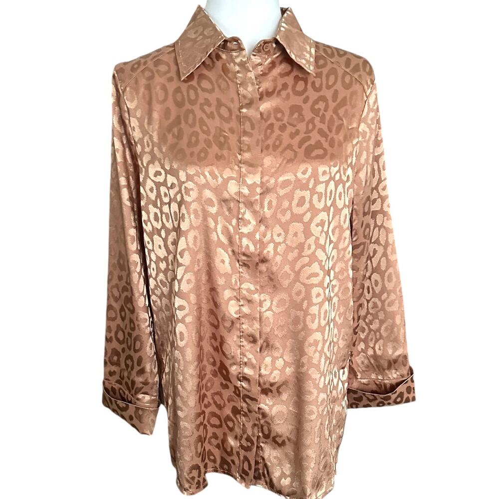 ACOA Women's Top Gold Leopard Print Monochrome Satin Button Up Long Sleeve M